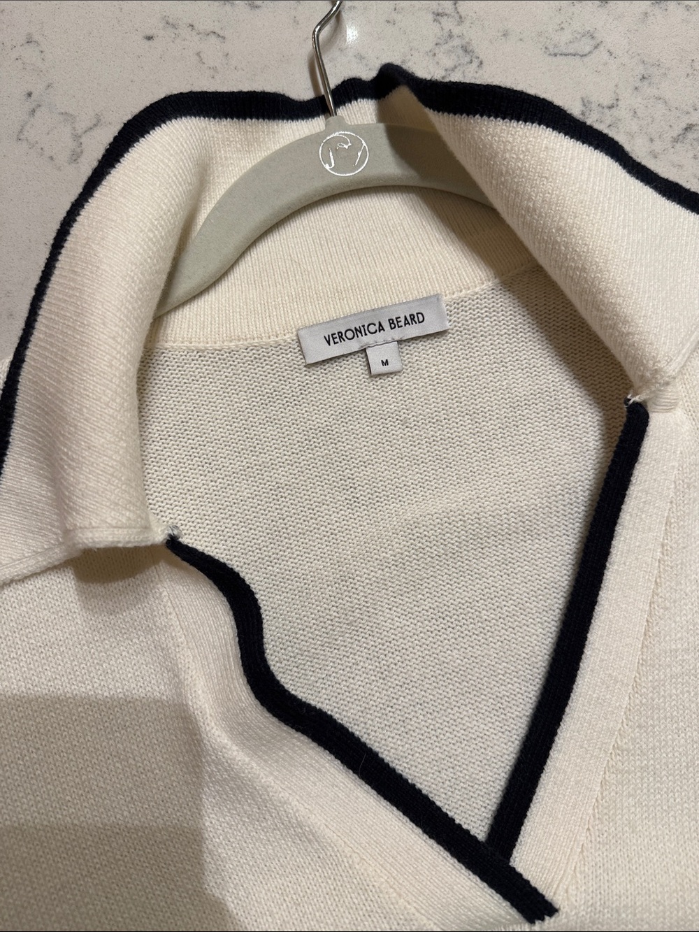 Veronica Beard Cream V-Neck Sweater with Black Trim